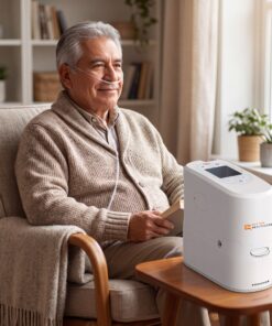Adulto mayor usando el concentrador de oxígeno portátil Rhythm P2 en casa con cánula nasal