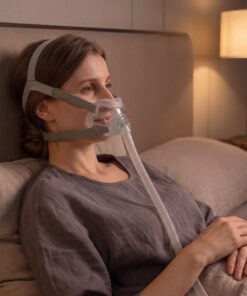 Mujer descansando tranquila en la cama con la mascarilla CPAP facial React Health Rio II puesta