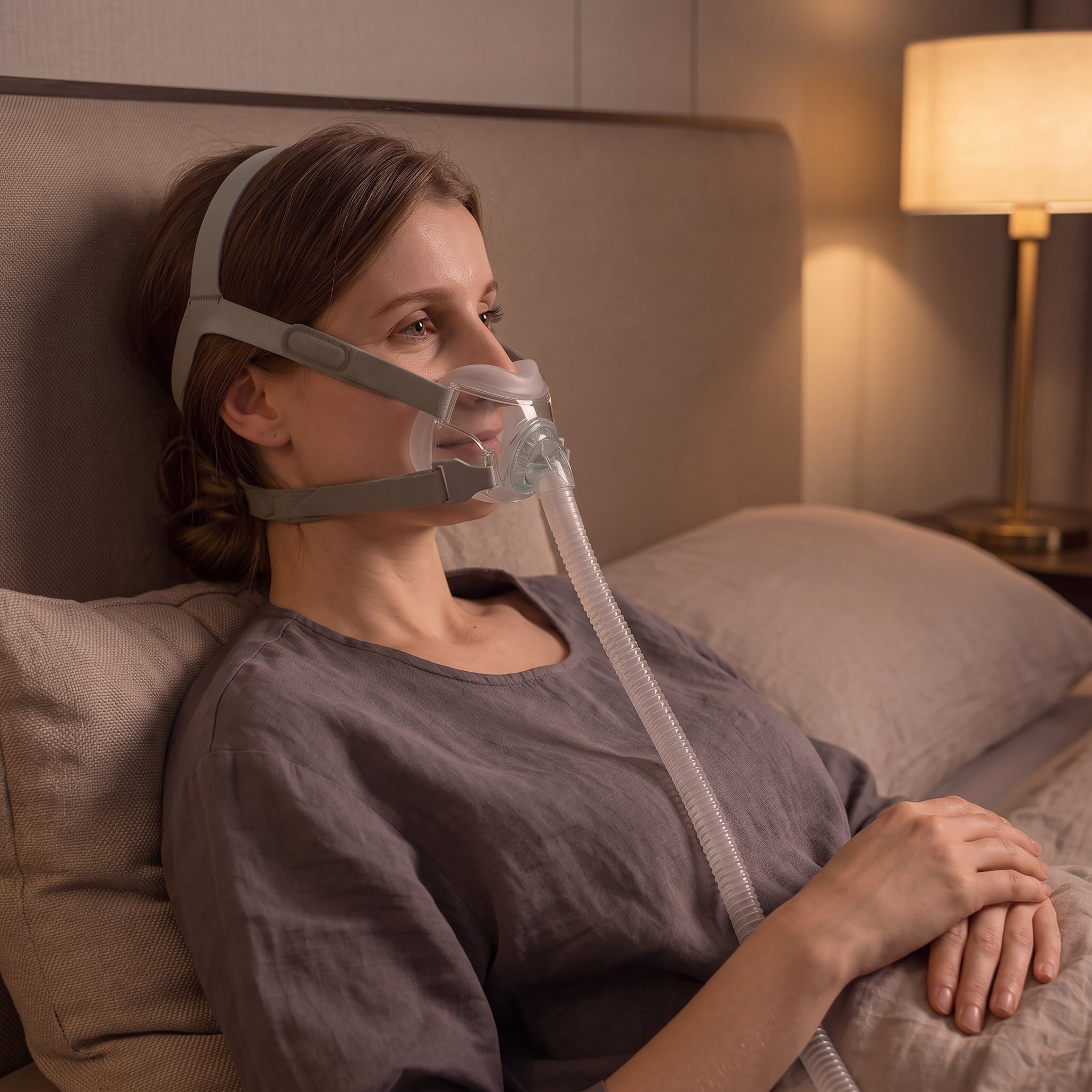 Mujer descansando tranquila en la cama con la mascarilla CPAP facial React Health Rio II puesta
