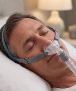 Persona descansando con la mascarilla de almohadillas nasales React Health Rio II colocada, ambiente de dormitorio