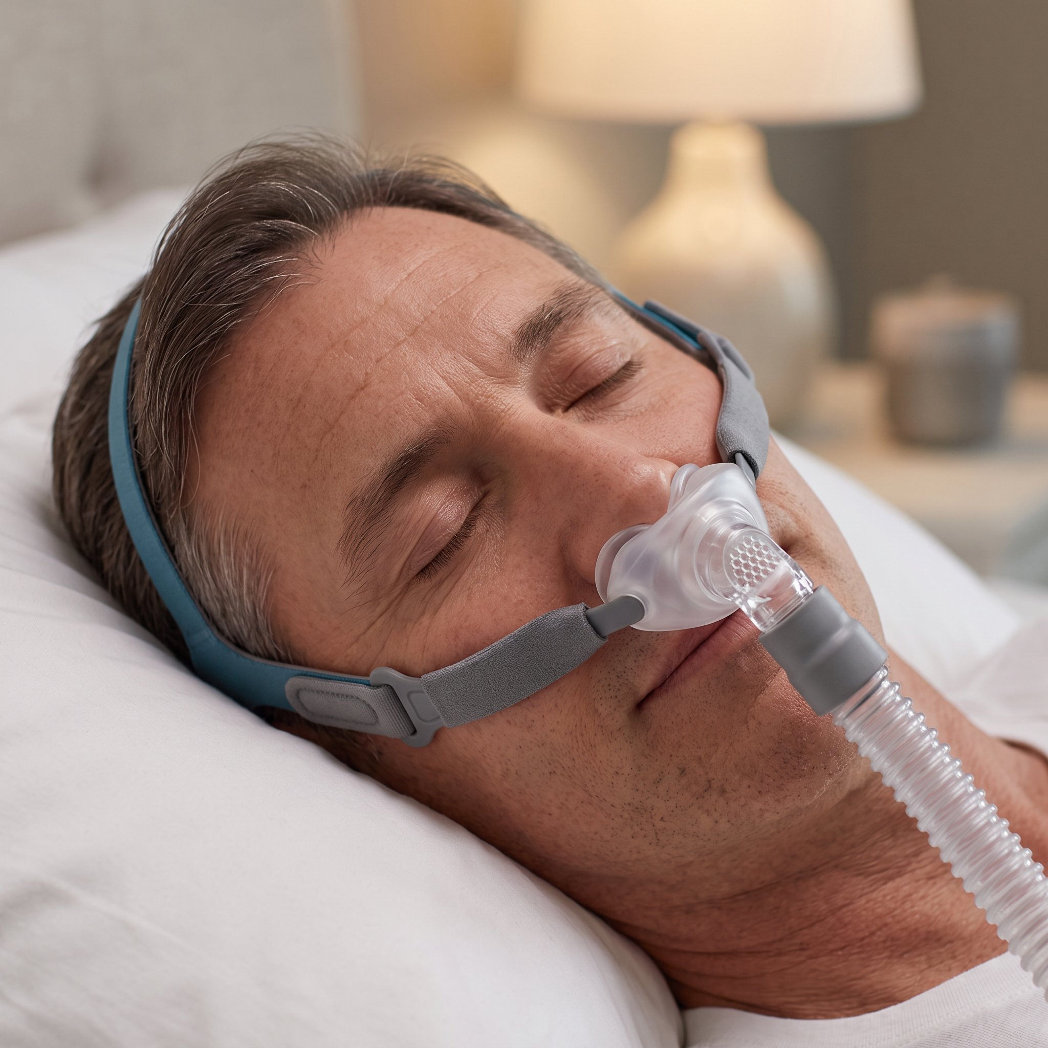 Persona descansando con la mascarilla de almohadillas nasales React Health Rio II colocada, ambiente de dormitorio