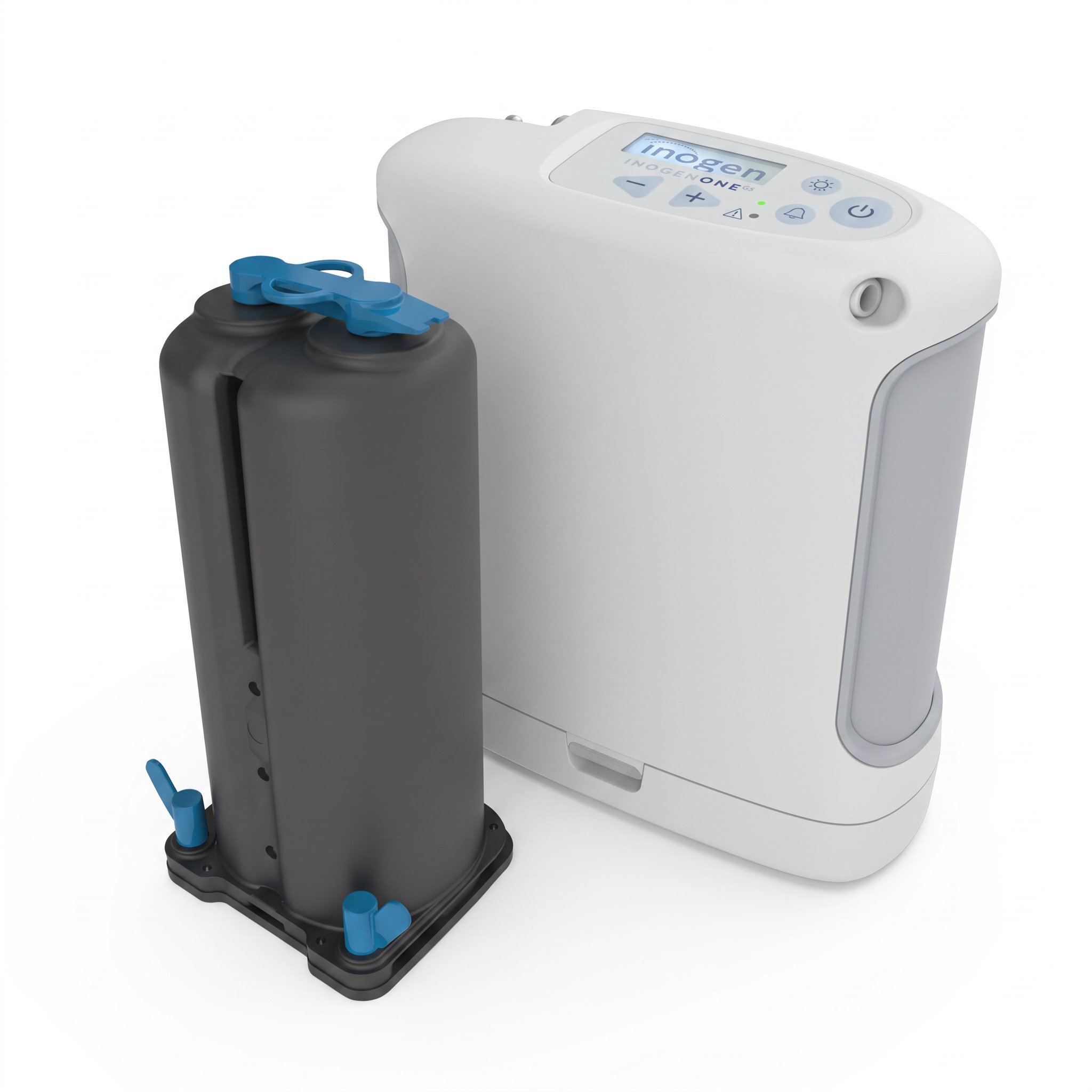 Par de columnas de reemplazo RP-502 junto al concentrador de oxígeno portátil Inogen One G5 completo