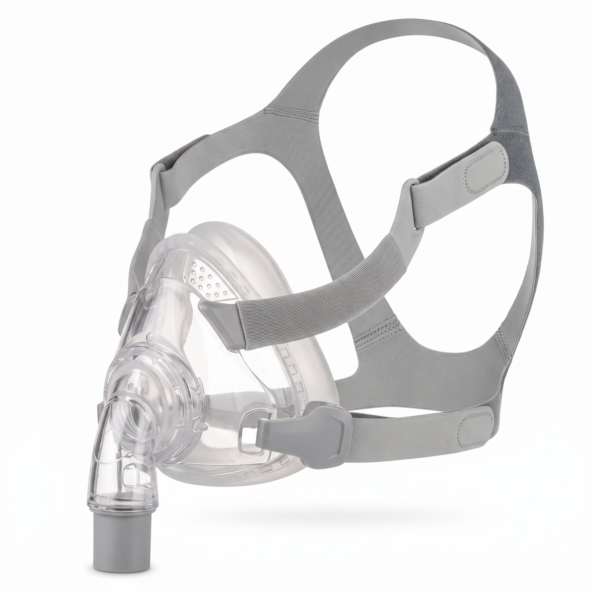 Mascarilla CPAP facial React Health Siesta, vista de perfil que muestra el codo giratorio y la ventilación de dispersión circular