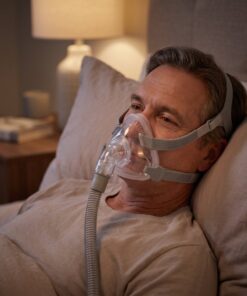 Adulto descansando con la mascarilla CPAP facial React Health Siesta original puesta, cubre nariz y boca sin apoyo frontal