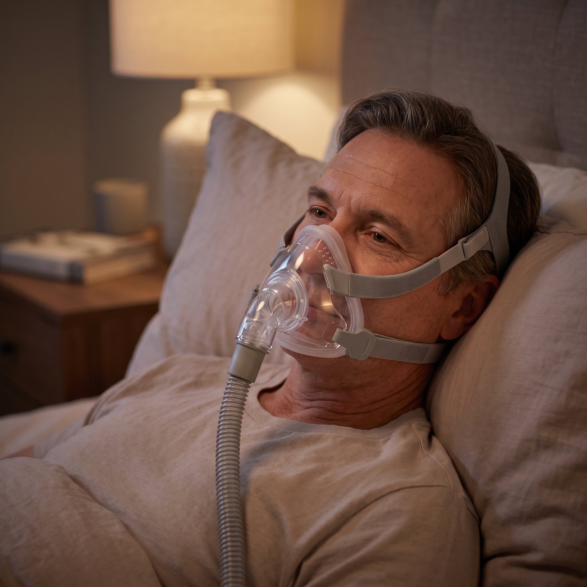 Adulto descansando con la mascarilla CPAP facial React Health Siesta original puesta, cubre nariz y boca sin apoyo frontal
