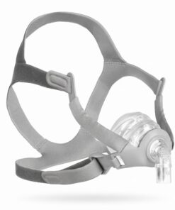 Arnés de tela gris con broches de liberación rápida de la mascarilla nasal React Health Siesta, sin apoyo frontal