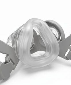 Cojín nasal de silicona transparente de la mascarilla CPAP React Health Siesta, primer plano del sellado que cubre solo la nariz