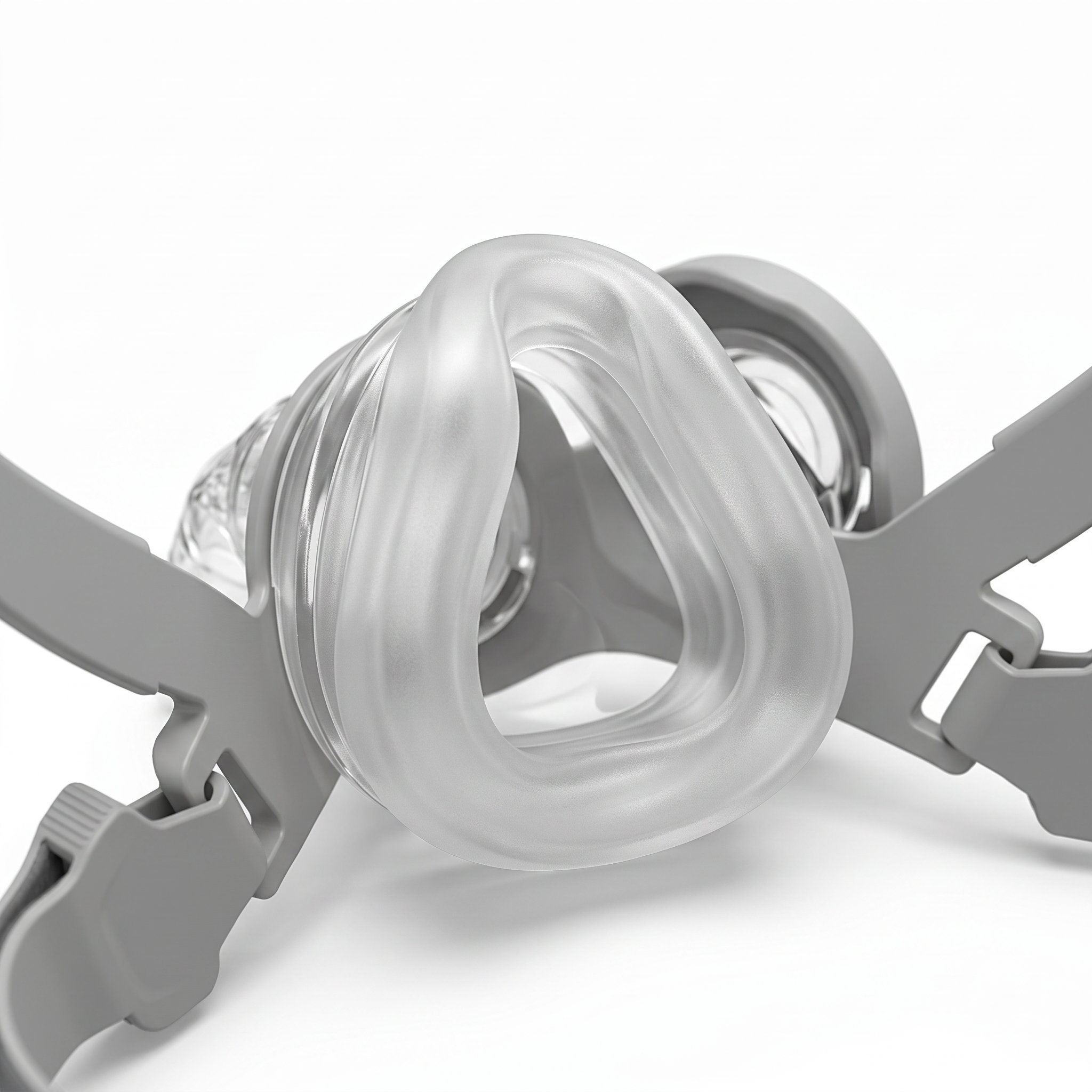 Cojín nasal de silicona transparente de la mascarilla CPAP React Health Siesta, primer plano del sellado que cubre solo la nariz