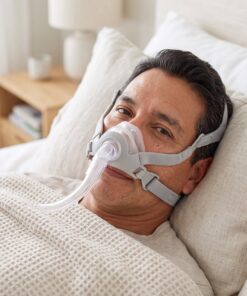 Hombre adulto descansando con la mascarilla CPAP nasal React Health Siesta colocada, cubriendo únicamente la nariz
