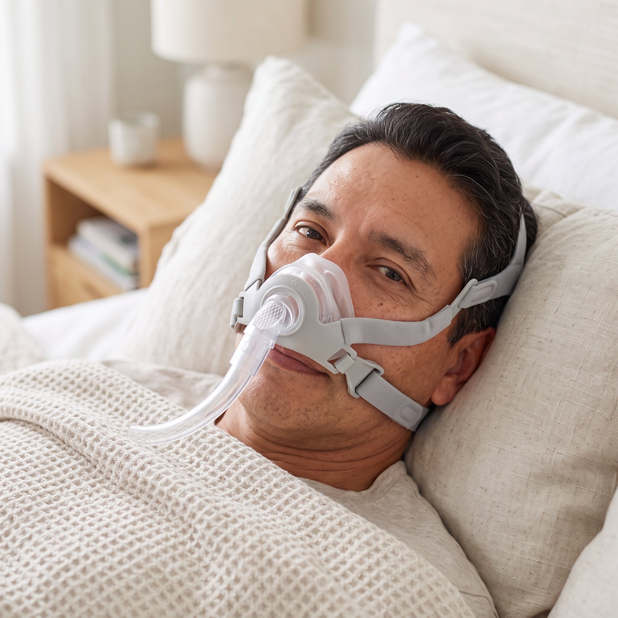 Hombre adulto descansando con la mascarilla CPAP nasal React Health Siesta colocada, cubriendo únicamente la nariz