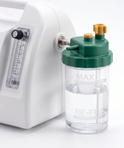 Vaso humidificador Drive con agua conectado a la salida de un concentrador de oxígeno estacionario con flujómetro