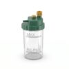 Vaso humidificador Drive para concentrador de oxígeno, frasco transparente con tapa verde roscada, conector de salida amarillo y marcas de nivel MAX y RE-FILL