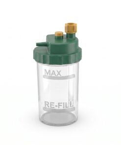 Vaso humidificador Drive para concentrador de oxígeno, frasco transparente con tapa verde roscada, conector de salida amarillo y marcas de nivel MAX y RE-FILL