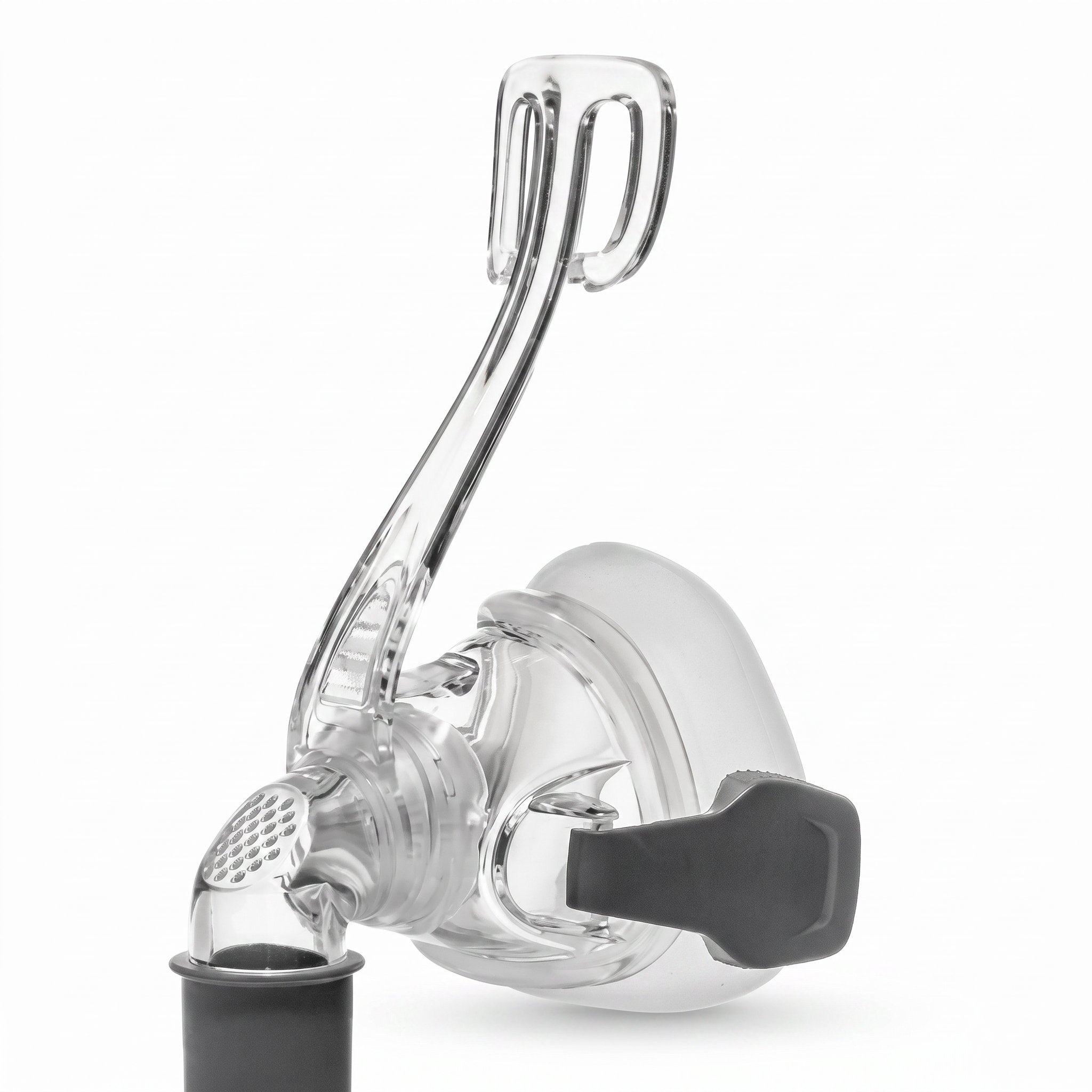 Codo giratorio transparente con puerto de ventilación difusa de la mascarilla nasal CPAP React Health Viva, vista de perfil