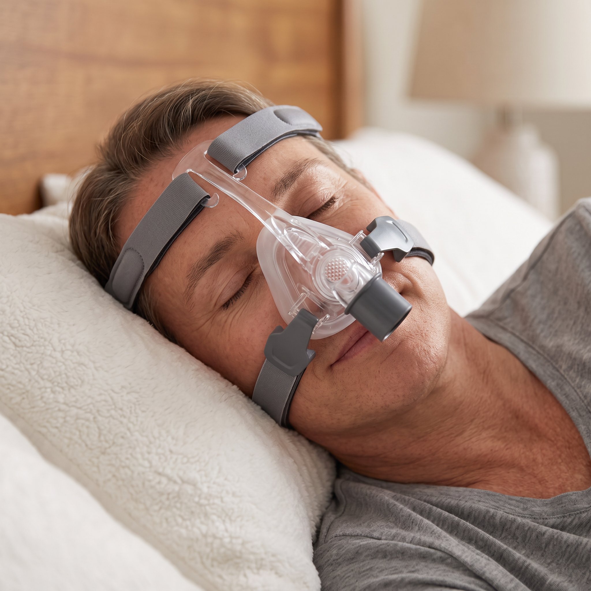 Hombre descansando tranquilo en la cama con la mascarilla nasal CPAP React Health Viva puesta
