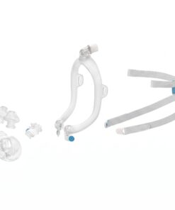Componentes de la mascarilla ResMed AirFit X30i: cojín oral-nasal con almohadillas, marco tube-up y arnés