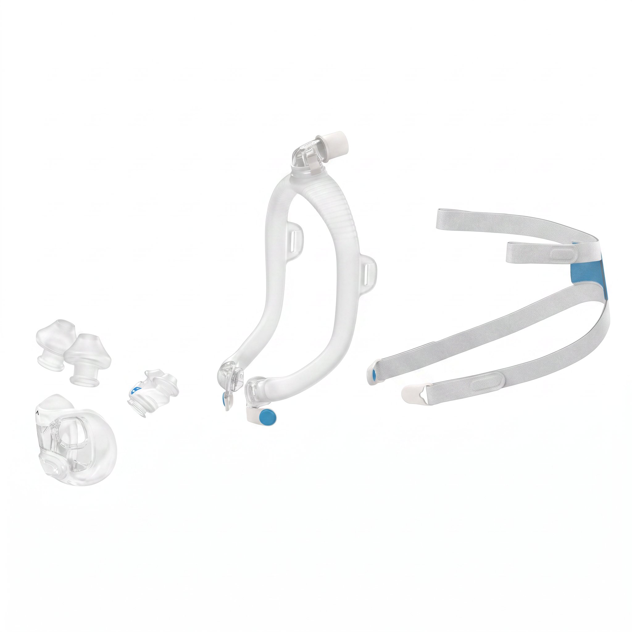 Componentes de la mascarilla ResMed AirFit X30i: cojín oral-nasal con almohadillas, marco tube-up y arnés