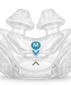Doble cojín de la mascarilla ResMed AirFit X30i: dos almohadillas nasales de silicona y cojín oral, primer plano sobre fondo blanco