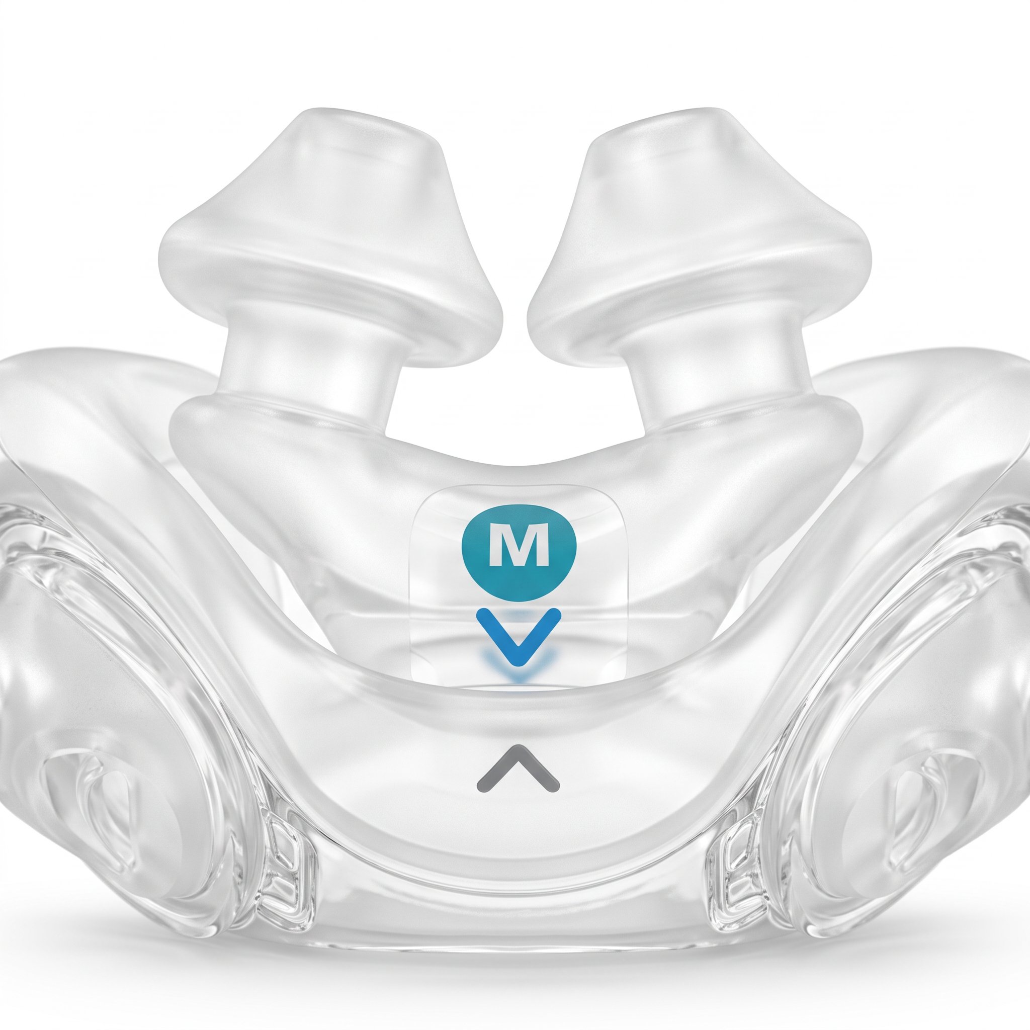 Doble cojín de la mascarilla ResMed AirFit X30i: dos almohadillas nasales de silicona y cojín oral, primer plano sobre fondo blanco