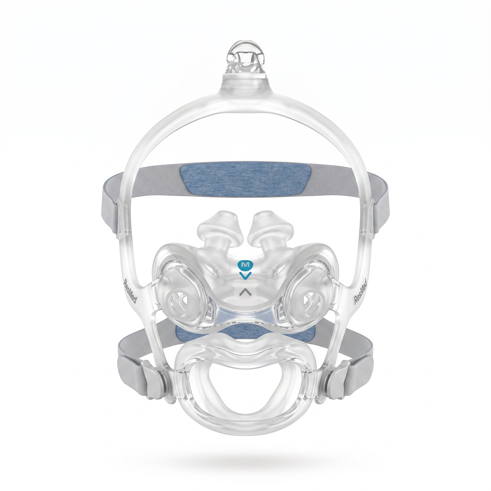 Mascarilla CPAP ResMed AirFit X30i vista de frente mostrando el doble cojín y el arnés, sobre fondo blanco