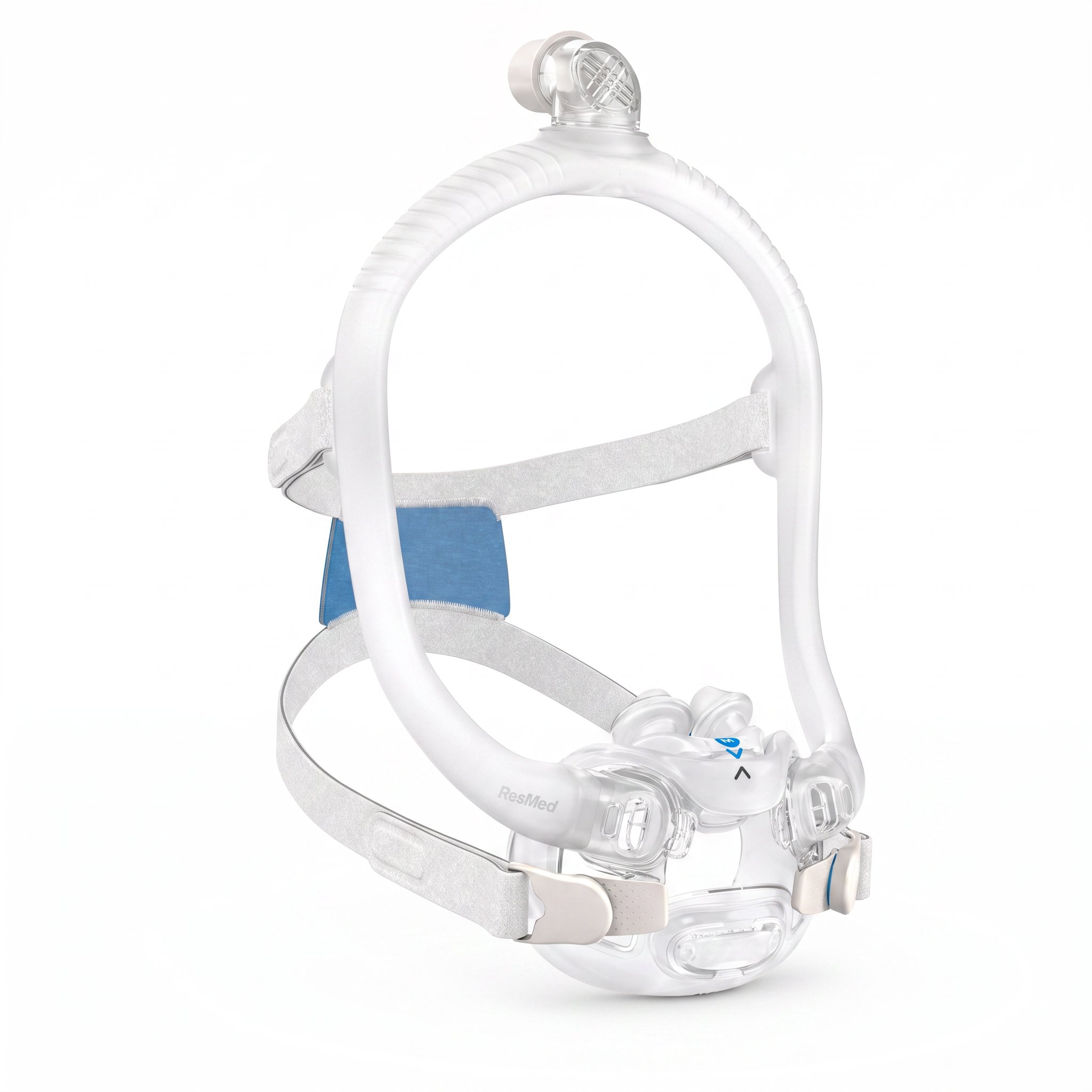 Mascarilla CPAP ResMed AirFit X30i híbrida oral-nasal con conexión de tubo superior, vista frontal a tres cuartos sobre fondo blanco — producto original ResMed