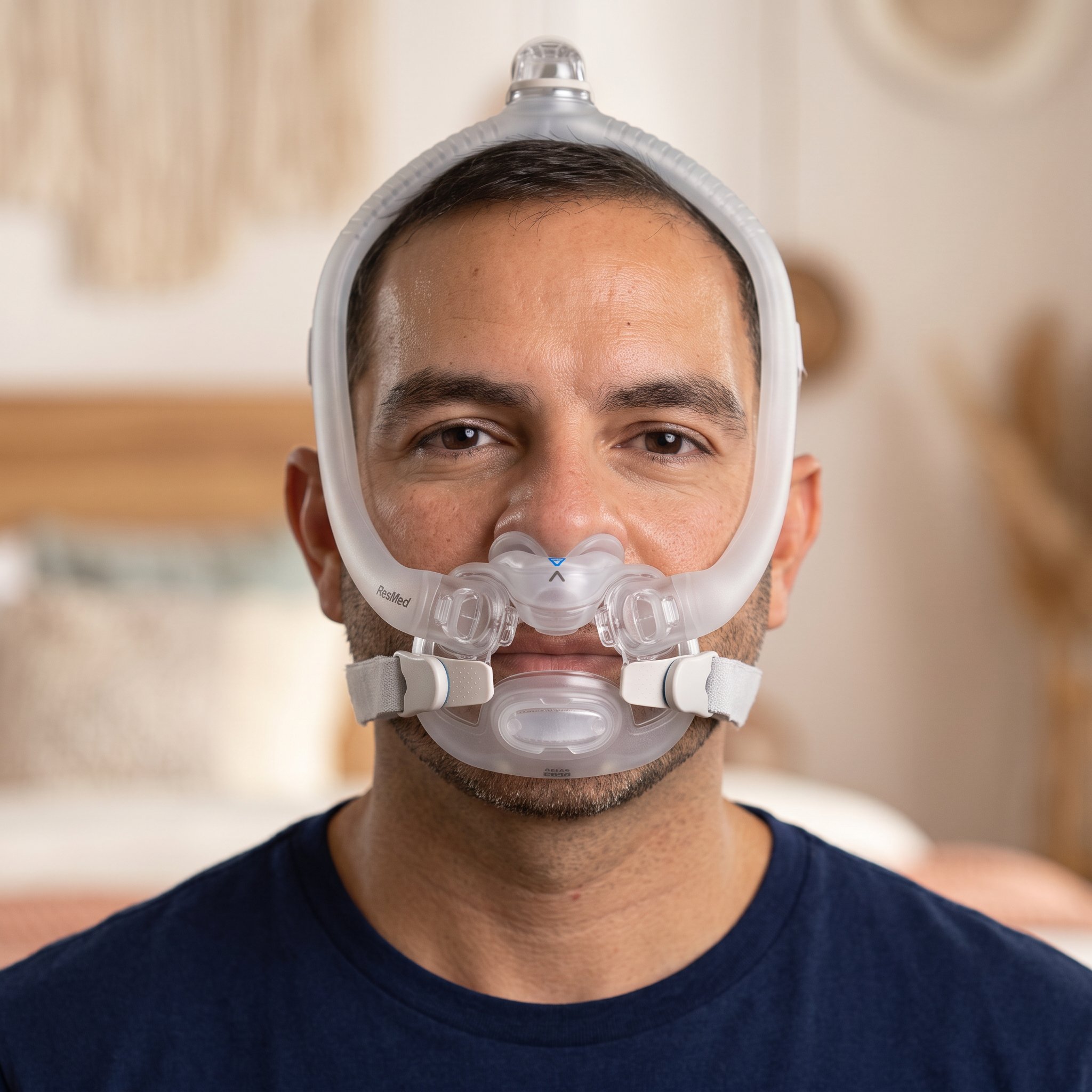 Hombre usando la mascarilla CPAP ResMed AirFit X30i con tubo por arriba y doble cojín oral-nasal