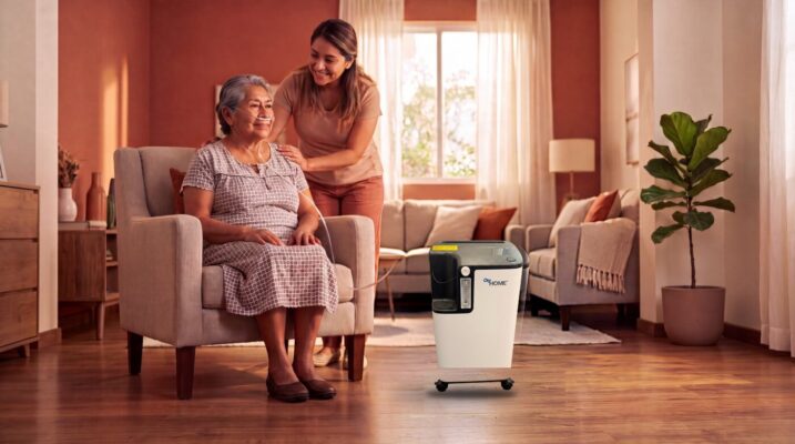 Renta de concentrador de oxígeno OxyHome 5L en Aguascalientes: adulta mayor con cánula nasal acompañada por su cuidadora en la sala de su casa, con el concentrador estacionario de piso y ruedas a su lado.